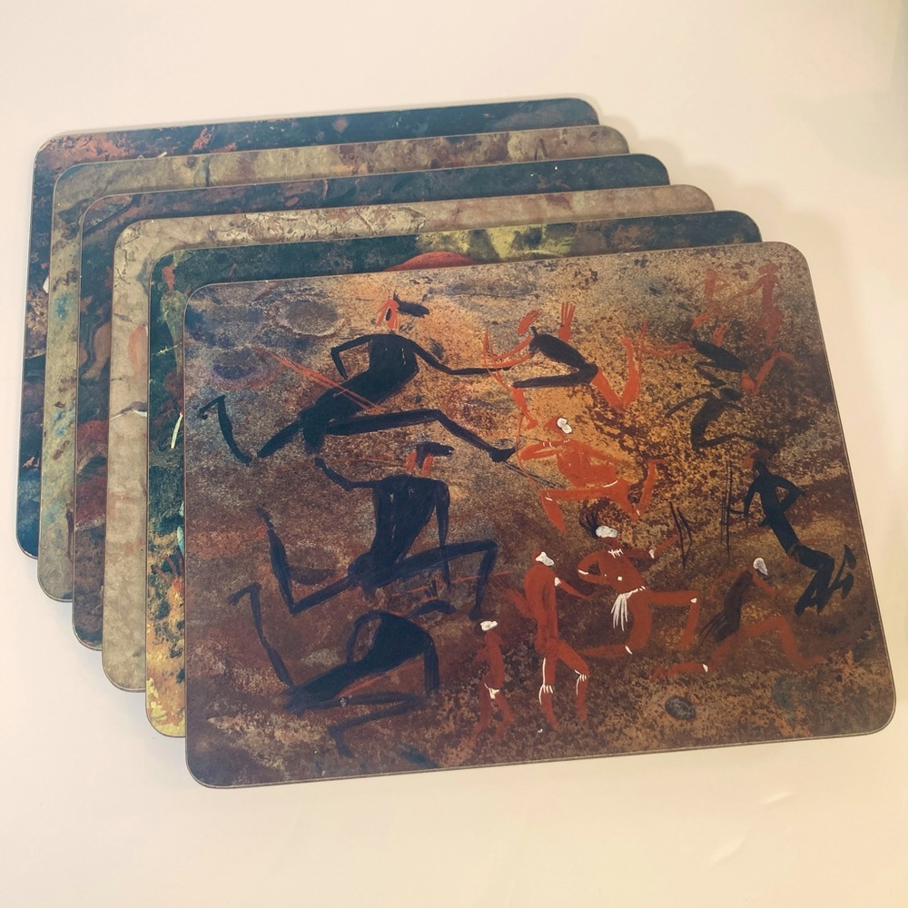 Vtg Pastiche Prestige Tableware Placemats Set of 6 Aboriginal Bushmen Rock Art